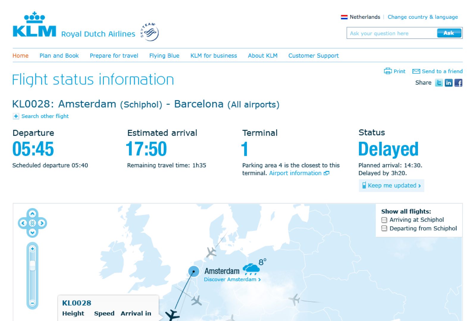 Royal Dutch Airlines flight tracking application